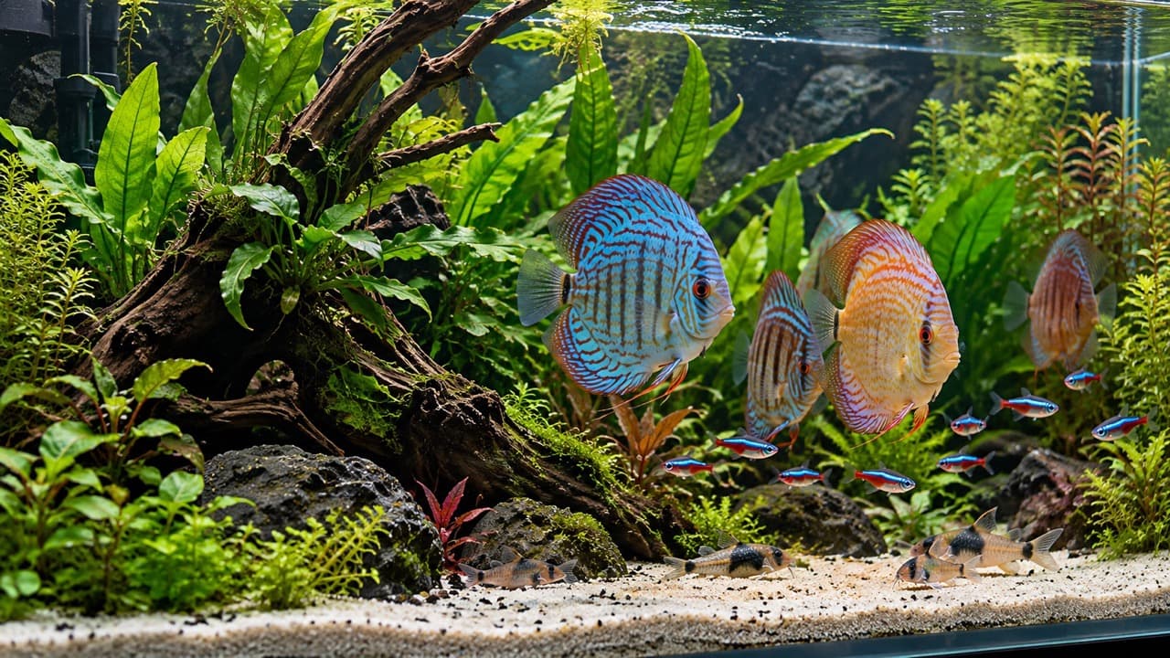 Acuario de agua dulce plantado con peces disco